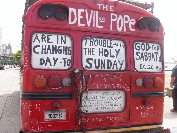 The Devil and Pope are in trouble with God for changing the holy sabbath day to Sunday